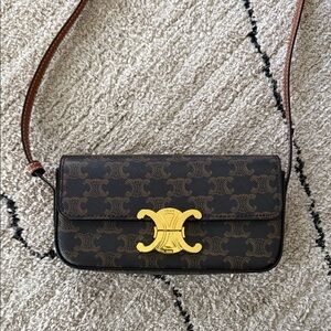 Celine Brown Triomphe Logo Crossbody with Gold Hardware